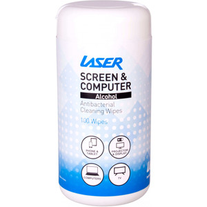 Laser Antibacterial Screen and Computer Cleaning Wipes with 20% Alcohol, Tub of 100