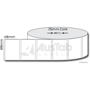 Thermal Direct Labels 69mm x 48mm White Matt – Permanent Adhesive Roll of 1500 Labels on a 25mm Core, Box of 8