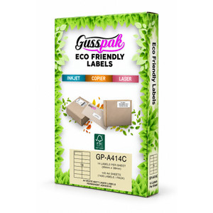 Gusspak White Eco-Friendly Laser/Inkjet/Copier Labels - 98mm x 38mm (No Border) - 14 Labels Per Sheet - Pack Of 100 Sheets