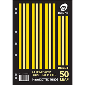 OLYMPIC REINFORCED REFILLS RD145 A4 297 x 210mm, 50 Leaf, 14mm Dotted Thirds Ruled with Margin