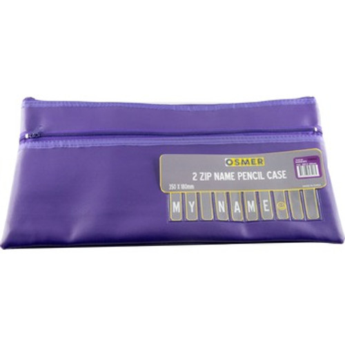 PENCIL CASE PVC CLOTH BACKED WITH ALPHABET NAME INSERT - 35 X 18CM - 2 ZIP - PURPLE