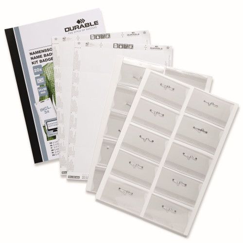 DURABLE NAME BADGE SET 54 X 90MM WITH PIN & CLIP & INSERTS PACK 20 *** While Stocks Last ***