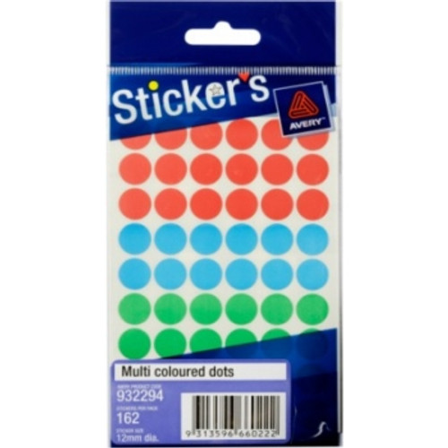 AVERY STICKER HANDIPACKS Multi-coloured, 12mm circles, 1620 stickers (10 X Pk162)
