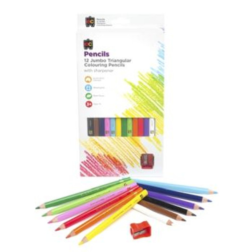 JUMBO TRIANGULAR WASHABLE PENCILS 12PC & SHARPENER