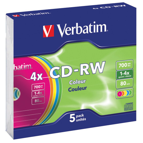 VERBATIM COLOURS RE-WRITABLE CDS CD-RW 80min 700MB 4 X Slim Case Pk5