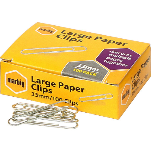 MARBIG PAPER CLIPS Large 33mm, Box of 100