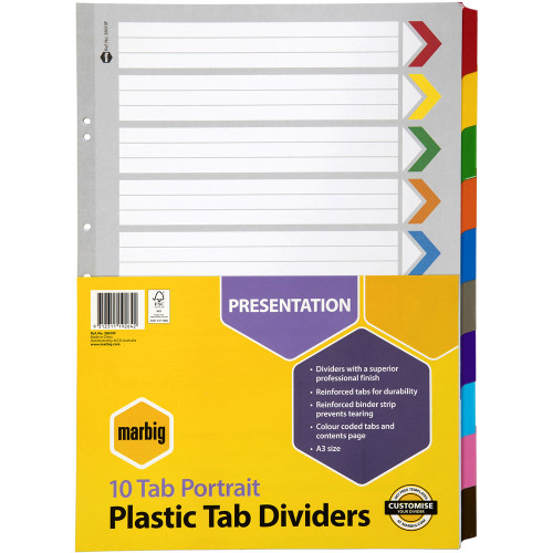 MARBIG MULTI COLOURED A3 BOARD DIVIDERS 1-10 Tab Portrait