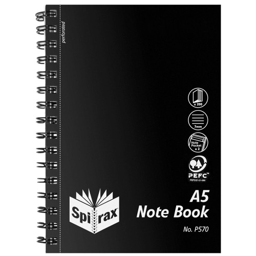 SPIRAX POLYPROPYLENE NOTEBOOK P570 A5 200 Pg Black Side Opening