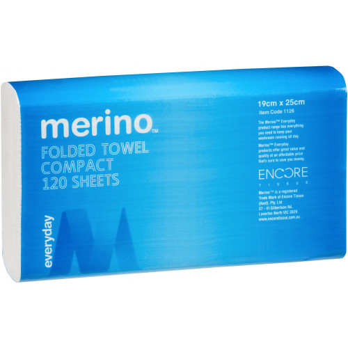 MERINO COMPACT FOLDED TOWEL 120 Sheets, 200mm x 240mm Carton of 20 *** See Also MG-2404 ***