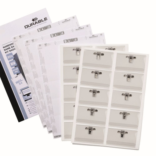 DURABLE NAME BADGE SET 54 X 90MM WITH COMBI CLIP & INSERTS PACK 20