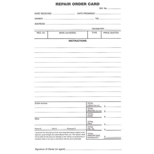 ZIONS REPAIR ORDER CARDS NO.ROC ROC 125x205mm (Pack of 250)