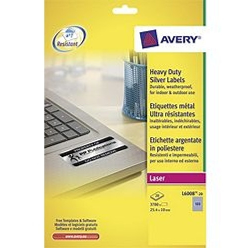 AVERY L6008 DURABLE HEAVY DUTY LABELS Laser Labels Silver 189 PPG 20 Shts 25.4 x 10 mm (3780 Labels)
