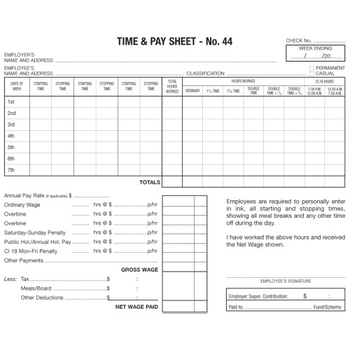 ZIONS HOSPITALITY TIME & PAY SHEET NO.44 44 175x215mm, Pk100