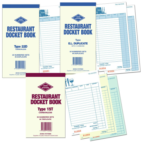 ZIONS RESTAURANT DOCKET BOOKS CBD Dup C/Less 170x100mm, 17 Lines, 25 Sets