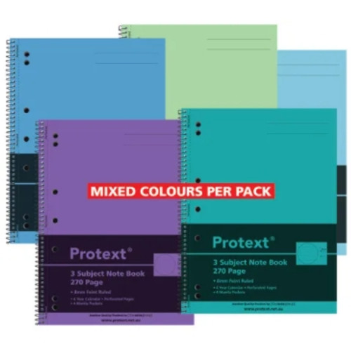 PROTEXT A4 270PG SPIRAL POLY 3 SUBJECT BOOK WITH 4 POCKETS, MIXED COLOURS