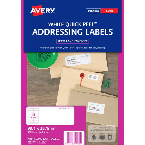 AVERY 959110 L7163 QUICK PEEL ADDRESS LABEL WITH SURE FEED LASER 14UP WHITE PACK 40