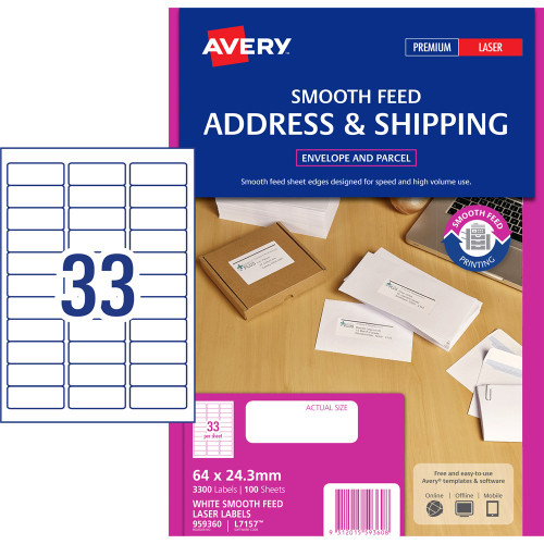 AVERY SMOOTH FEED LABELS  L7157 Laser 64 x 24.3mm White Box of 3300 33up