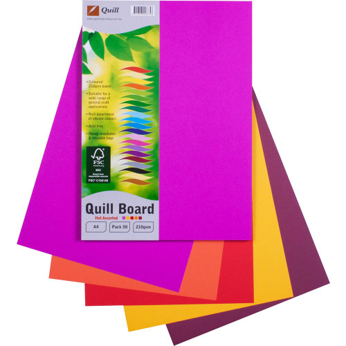 Quill Coloured Board 210gsm A4 - Hot Assorted, Pack of 50 (90375)