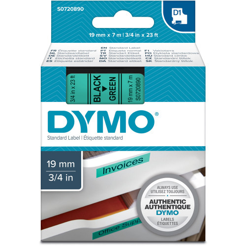 DYMO D1 LABEL CASSETTE TAPE 19mm x 7M Black on Green