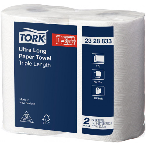 Tork Ultra Long Paper Towel 2 Ply Triple Length 156 Sheets per Roll, Pack of 2 Rolls