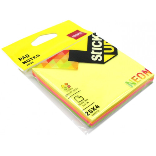 DELI STICK UP NEON ADHESIVE NOTES 76X76 ASSORTED PKT 100