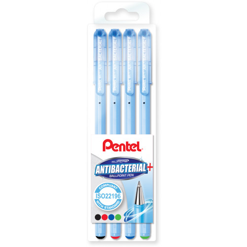 Pentel Superb Ballpoint Pen Antibacterial 0.7mm Fine Black/Red/Blue/Green Wallet of 4