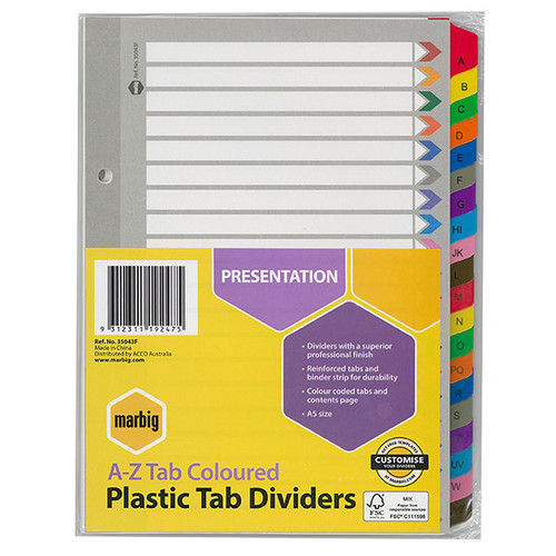 MARBIG® INDICES & DIVIDERS A-Z TAB REINFORCED A5 COLOUR