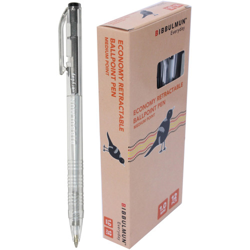 BIBBULMUN RETRACTABLE Ballpoint Economy Pen Medium 1.0mm Black Pack of 12