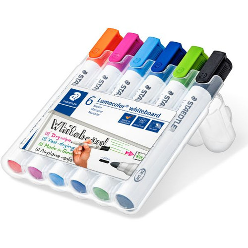 Staedtler 351 Lumocolor Whiteboard Marker 2.0mm Bullet Point, Wallet of 6 Assorted Bright Colours