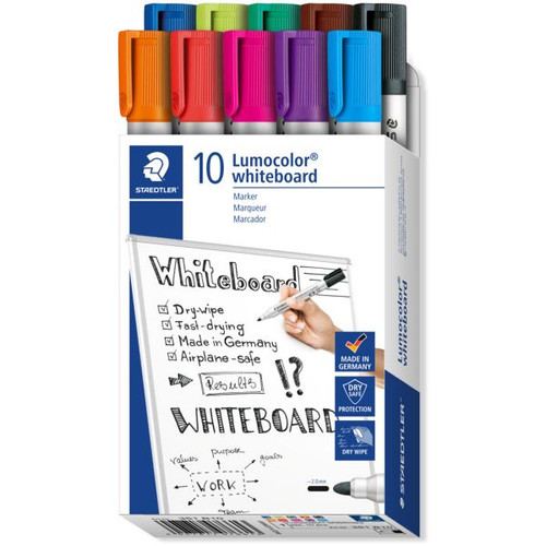 Staedtler 351 Lumocolor Whiteboard Marker 2.0mm Bullet Point, Box of 10 Assorted Colours