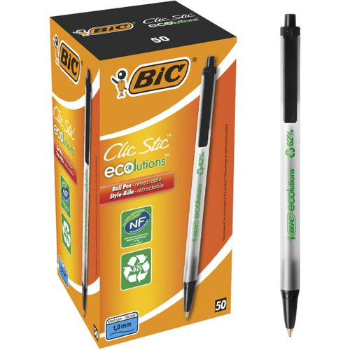 Bic Ecolutions Ballpoint Pen Clic Stic 1.0mm Medium Black Box of 50