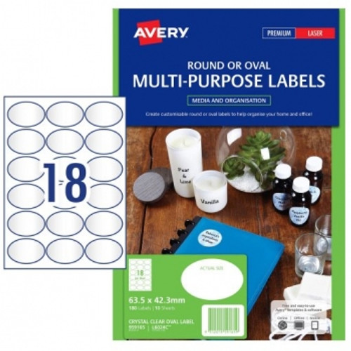 AVERY L6024C CRYSTAL CLEAR OVAL MULTI-PURPOSE LABELS 63.5 X 42.3 MM, LASER, PERMANENT 80 LABELS / 10 SHEETS (180 Labels)