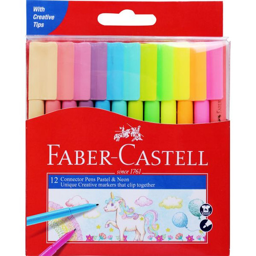 Faber-Castell Connector Pen Colour Markers Pastel And Neon Assorted, Pack of 12