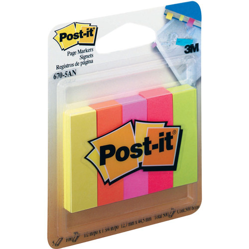 POST-IT PAGE MARKERS 670-5AN 13x44mm Neon 100 Sheet/Pad