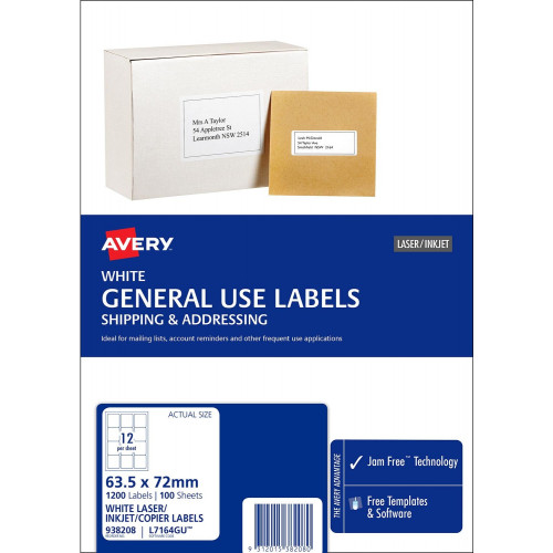 AVERY 938108 LASER/COPIER LABELS 12PP 63.5 X 72MM BOX OF 100