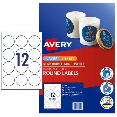 AVERY L7104 ROUND 12UP 60MM LABELS WHITE 120 Pack