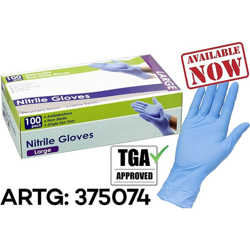 Nitrile Gloves Pack - Large (ARTG ID: 375074) Pack of 100 - Powder Free (Latex Free)