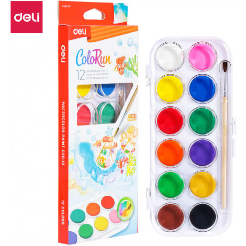 DELI WATERCOLOUR PAINT SET 12 Colours with Paint Brush