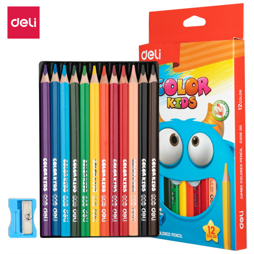 Deli Jumbo Triangular Coloured Pencil Assorted Carton of 288 Pencils and 12 Sharpeners (24 Packs of 12+1)