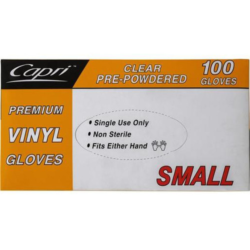 CAPRI PREMIUM VINYL CLEAR SMALL GLOVES PRE-POWERED 100S (Carton of 10)