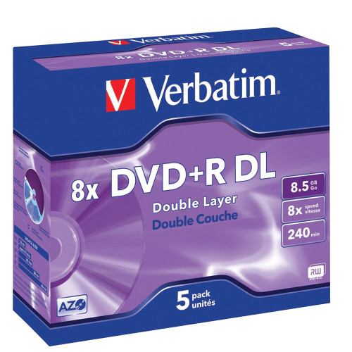 VERBATIM RECORDABLE DOUBLE LAYER DVDS DVD+R DL 8.5GB 8X Jewel Case Pk5