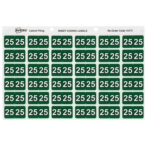 AVERY NUMERIC '25' SIDE TAB COLOUR CODING LABELS 25 x 38 mm, 180/Pack Dark Green