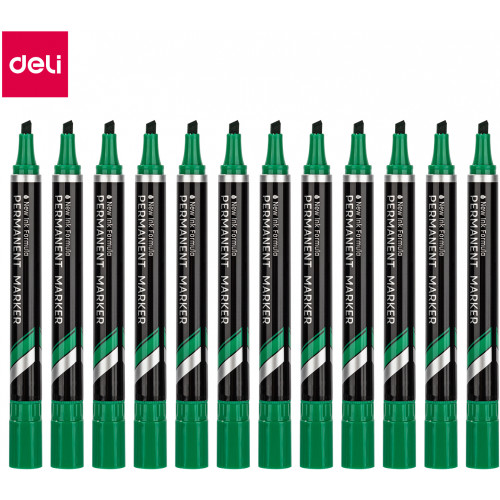 DELI CHISEL POINT PERMANENT MARKERS Green Pack of 12