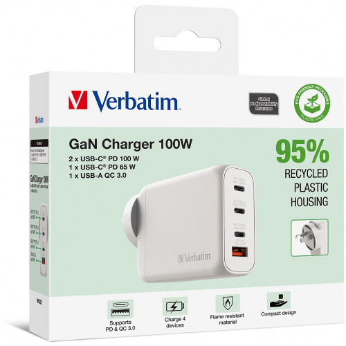 Verbatim USB GaN Multiport Charger 100W 3C+1A White