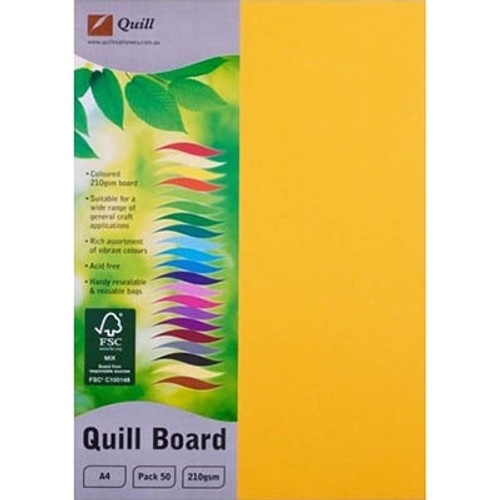 Quill Coloured Board 210gsm A4 - Sunshine, Pack of 50 (90318)