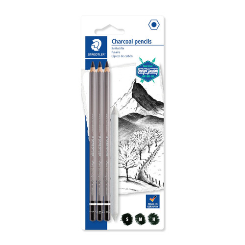 Staedtler 100 Mars Lumograph Charcoal Pencils with Brush, Assorted Card of 4