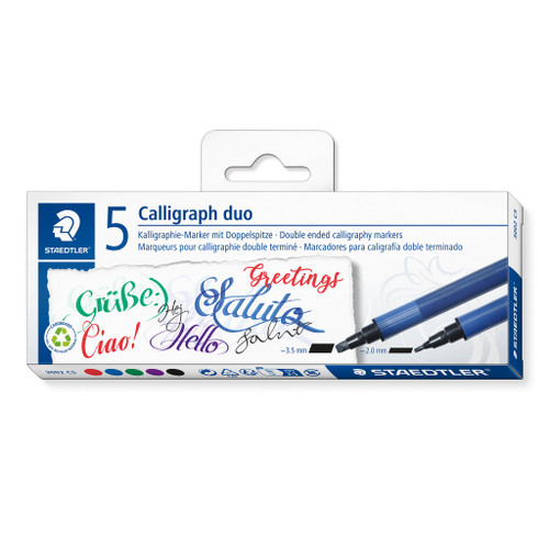 Staedtler 3002 Calligraphy Duo Markers - Assorted Set of 5 (Red, Blue, Black, Green, Violet)