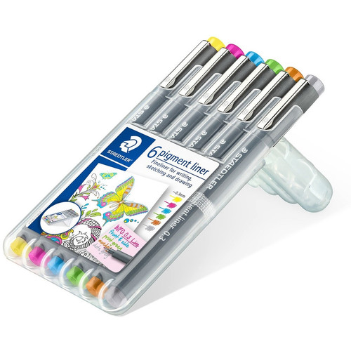 Staedtler 308 Pigment Liner 0.3mm - Wallet of 6 Assorted Colours (Yellow, fuchsia, light blue, light green, light brown, and grey)