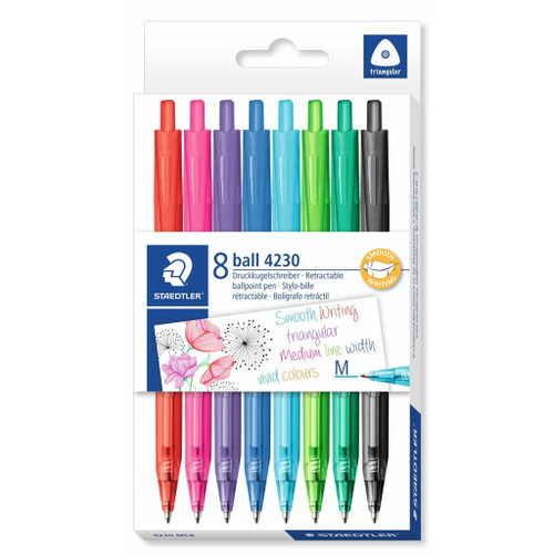 Staedtler Stick 4230 Retractable Triangular Ballpoint Pen Medium - Assorted Pack of 8