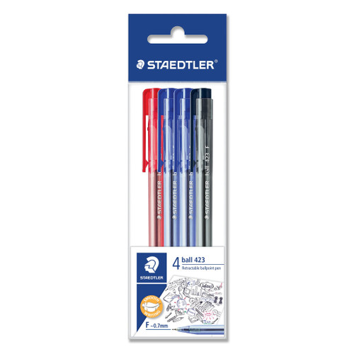 Staedtler Stick 423 Ice Retractable Triangular Ballpoint Pen Medium - Pack of 4 Assorted Colours
